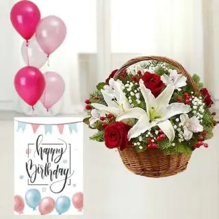 Basket arrangement of red roses with white lilies,  a bunch of 5 mixed color balloons with a birthday card