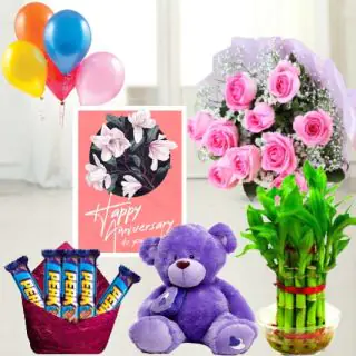 Bunch of 10 pink roses , 6 inch height teddybear, pack of 5 perk chocolates, 2 layer Lucky bamboo plant ,5 blown balloons with anniversary greeting card