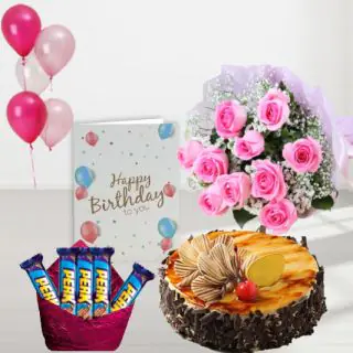 Bunch of 10 pink roses, Irish chocolate cake, pack of 5 perk chocolates, birthday greeting card, with 5 blown balloons