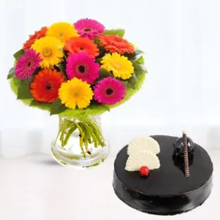 20 mix gerberas in glass vase with chocolate cool cake 
