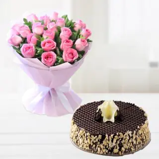 20 pink roses bunch with half kg chocolate walnut cake 