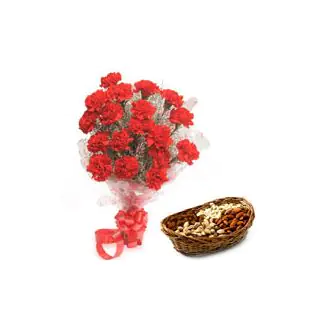 20 Red Carnations With 1 Kg Assorted Dry Fruits 