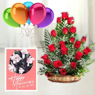 20 red roses basket arrangement ,anniversary greeting card , 5 blown balloons 