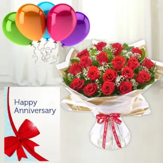 20 red roses bunch , anniversary greeting card , 5 blown balloons  
