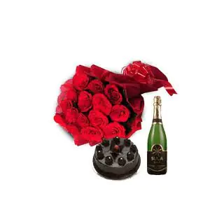 20 red roses bunch with 1 pound chocolate truffle with Bottle of red wine 