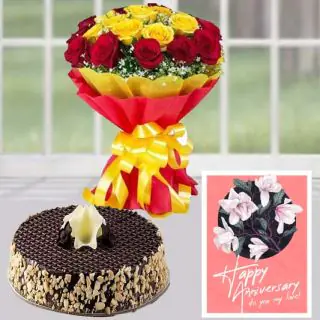 Bunch of 20 red and yellow roses, chocolate walnut cake, anniversary greeting card 