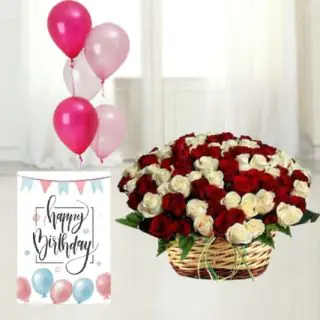 Basket arrangement of 40 red and white  roses ,a bunch of 5 mix color balloons with a birthday card