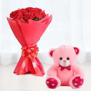 12 red carnations bouquet with feet height teddy bear
