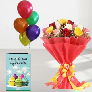 Bunch of 12 mix roses, bunch of 5 mix color balloons with birthday card