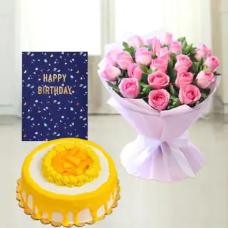 Bunch of 15 pink roses, mango cool cake, birthday greeting card 