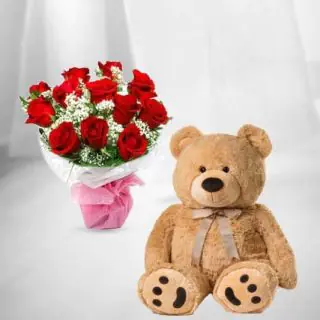 10 red roses bunch with 1 feet height teddy bear 