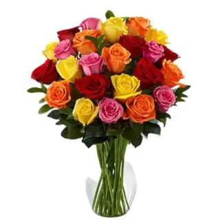 50 Mix colour roses in Glass Vase