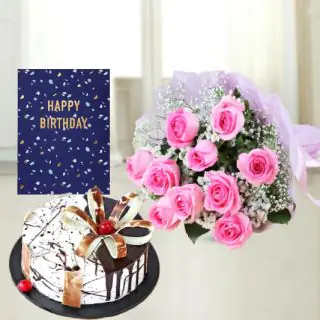 Bunch of 10 pink rose, choco vanilla cake, birthday greeting card 