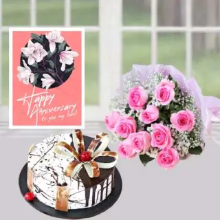 Bunch of 10 pink roses, Choco vanilla cake, anniversary greeting card 