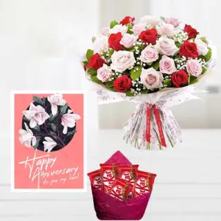 Bunch  of 20 red and pink roses, pack of 5 kitkat chocolates, anniversary greeting card 