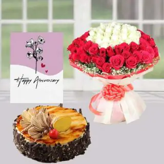 Bunch of 100 red and white roses,  irish chocolate cake, anniversary greeting card 