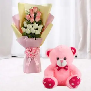 Beautiful Bouuqet of 10 pink and white roses with 1 feet height teddy bear 