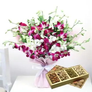 Bunch of lavender orchids with half kg assorted dry fruits
