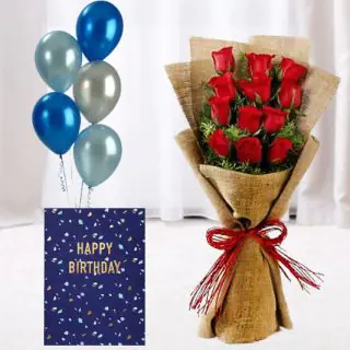 Bunch of 12 red roses in jute packing, bunch of 5 mix color balloons with birthday card 