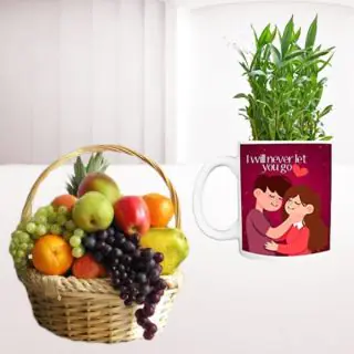 2 kg mix fruit basket with 2 layer lucky bamboo plant in photo mug 