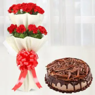 2 layer bunch of 30 red carnations with  chocolate cheese cake