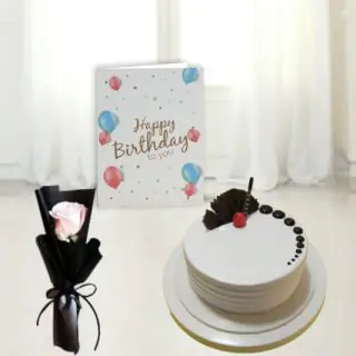 Half kg vanilla cool cake, Single white rose flower, Birthday card 