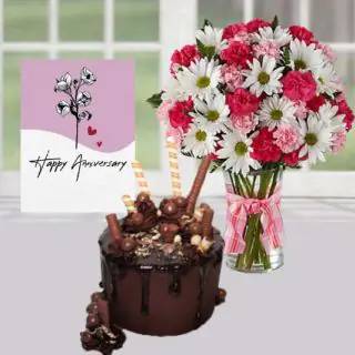 Vase arrangement of exotic mix flowers,  chocolate explosion cake, anniversary greeting card 