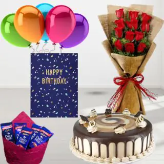 Bunch of 12 red roses with jute packing , Irish coffee cake, Pack of 5 dairy milk chocolates, birthday greeting card, with 5 blown balloons