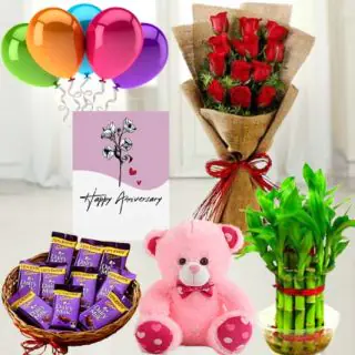 Bunch of 8 red roses , Basket of 10 dairy milk chocolates, 6 inch height teddybear , 2 layer Lucky bamboo plant ,5 blown balloons with anniversary greeting card