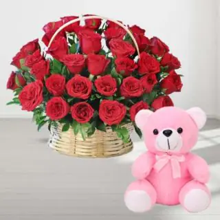 30 red roses basket arrangement with 1 feet height teddy bear 