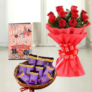Bunch of 8 red roses, basket of dairy milk chocolates, birthday greeting card 