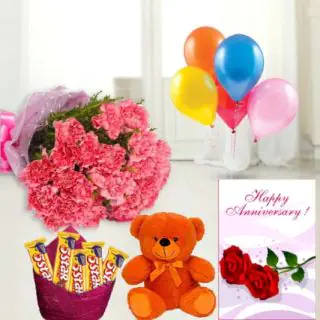 Bunch of 8 pink carnation , 6 inch height   teddybear , set of 5 Fivestar  chocolates, anniversary greeting card with 5 blown balloons