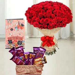 Beautiful Bunch of 50 red roses, Basket of 7 dairymilk silk 2 Fivestar chocolates, birthday greeting card  