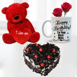 1 kg heart shape  black forest cake, 6 inch height red teddybear , with 2 red rose in photo mug 