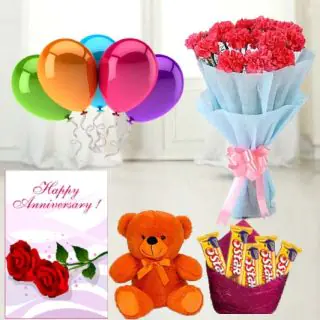 Bunch of 8 pink carnations ,  6 inch height   teddybear , set of 5 fivestar  chocolates, anniversary greeting card with 5 blown balloons 