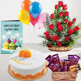 Basket Arrangement of 20 red roses, orange cool cake, Basket of 7 dairy milk silk chocolates, with 2 Fivestar, birthday Greeting card, with 5 blown balloons