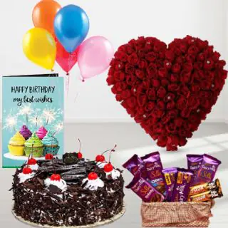 Heart shape arrangement of 50 red roses, black forest cool cake, Basket of 7 dairy milk silk chocolates, with 2 Fivestar, birthday Greeting card, with 5 blown balloons