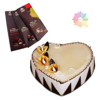 heart shape butterscotch premium quality heart shape cake with set of 3 bournville dark chocolates