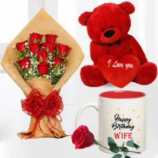 1 feet height red teddybear, Photo Mug with bouquet of 10 red roses 