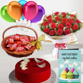 Bunch of 15 red roses, basket of 20 kitkat chocolates, red velvet cool cake, birthday Greeting card, with 5 blown balloons