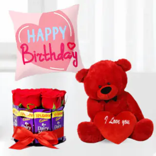 Chocolate bouquet of red roses and dairy milk chocolates, 1 feet height red teddybear with photo cushion 