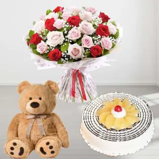20 red and pink roses with 6 inch teddybear with pineapple cool cake 