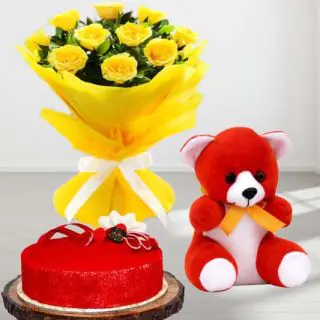 Bunch of 10 yellow roses with red velvet cake with 6 inch red teddybear 
