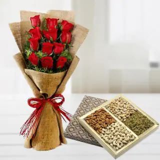 Bunch of 12 red roses with half kg assorted dry fruits