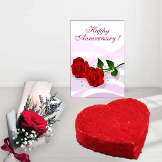 1 kg heart shape red velvet cake, single red rose with anniversary greeting card 
