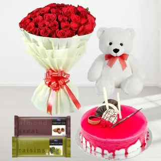 30 red roses bouquet with 6 inch teddybear  with pair of 2 tempttions with strawberry cool cake 