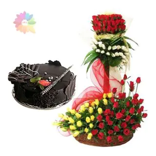 4 feet height arrangement of 150 red and yellow roses with 1 kg chocolate fantasy cake