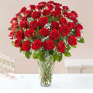 50 red roses in glass vase 