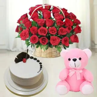 30 red roses basket arrangement with 6 inch height pink teddy bear with vanilla cool cake 