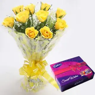 Bunch of 12 yellow roses with celebration box of chocolates